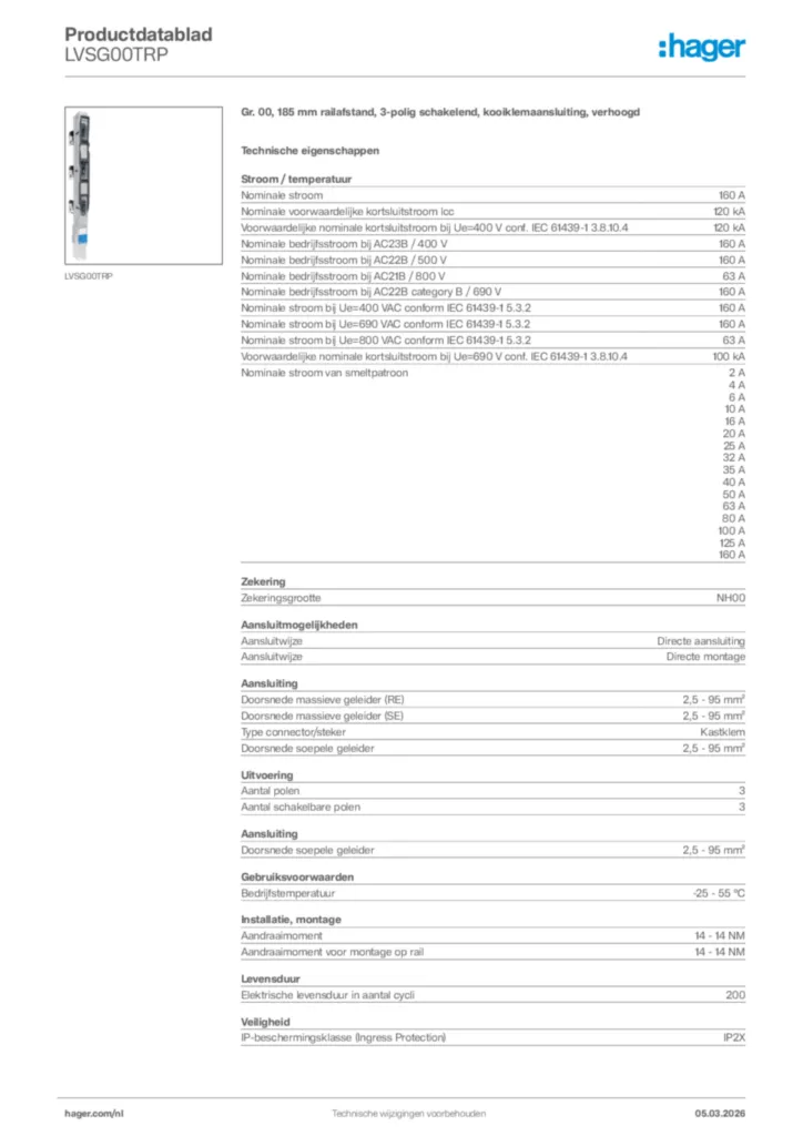 Afbeelding Hager Productdatablad LVSG00TRP | Hager Nederland