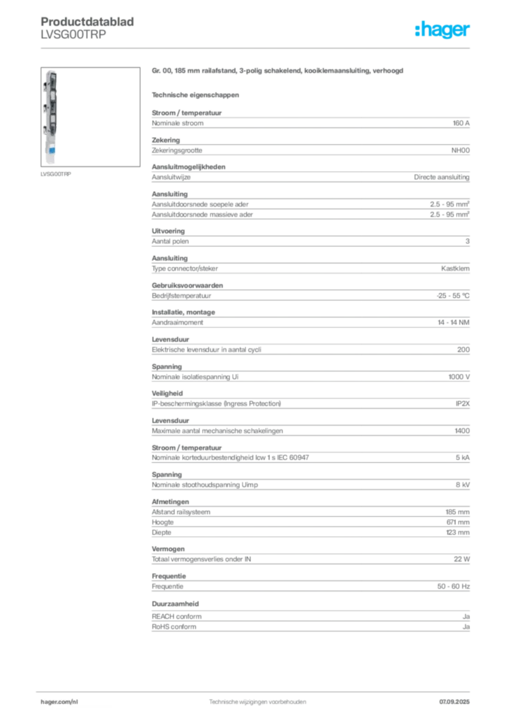 Afbeelding Hager Productdatablad LVSG00TRP | Hager Nederland