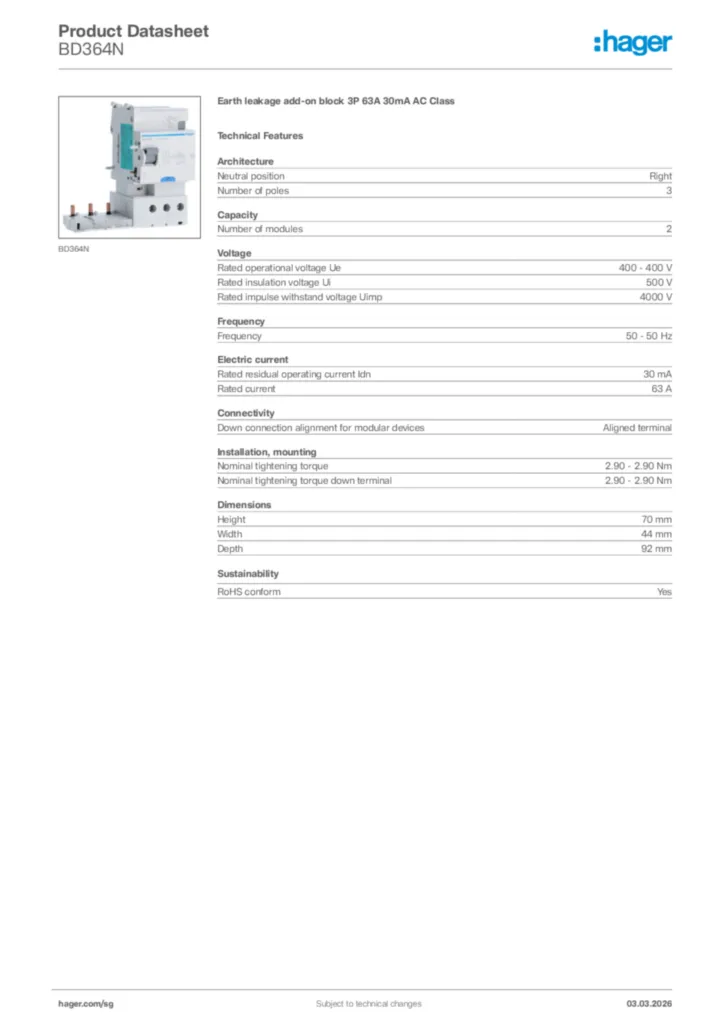 Image Hager Product data sheet BD364N  | Hager