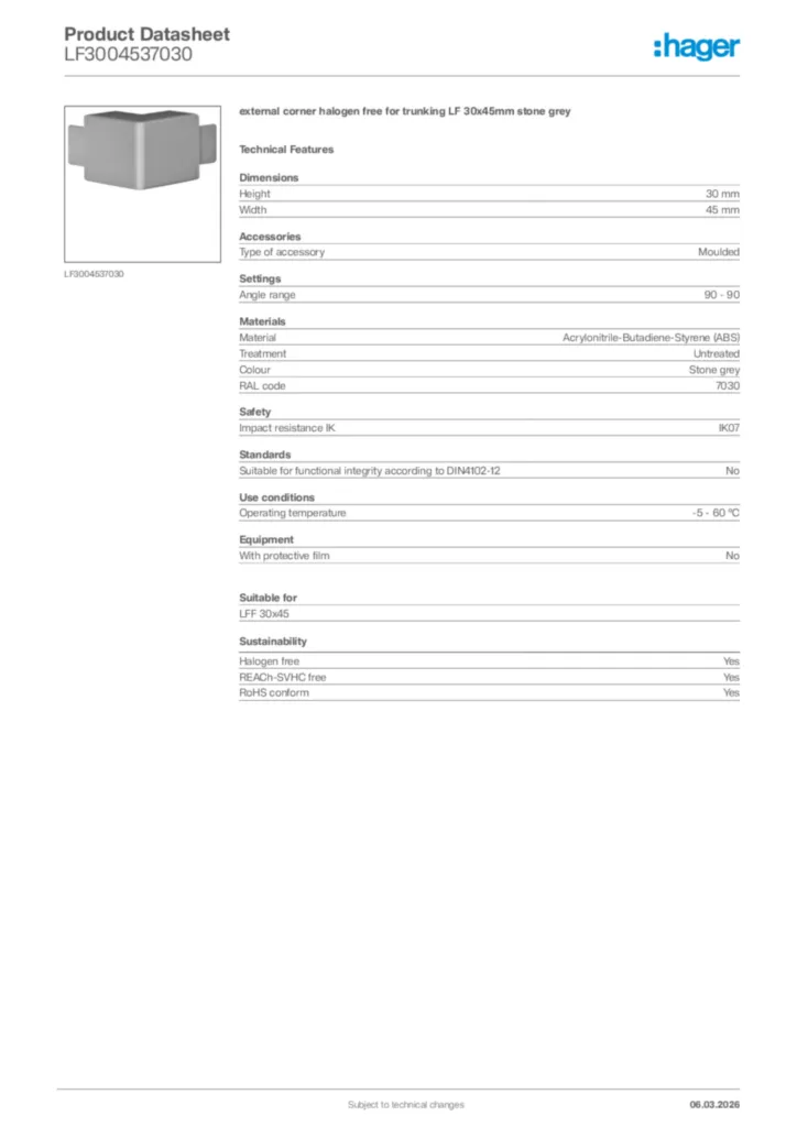 Image Hager Product data sheet LF3004537030  | Hager Africa