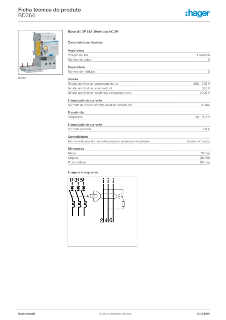 Imagem Hager Ficha técnica do produto BD364 | Hager Portugal