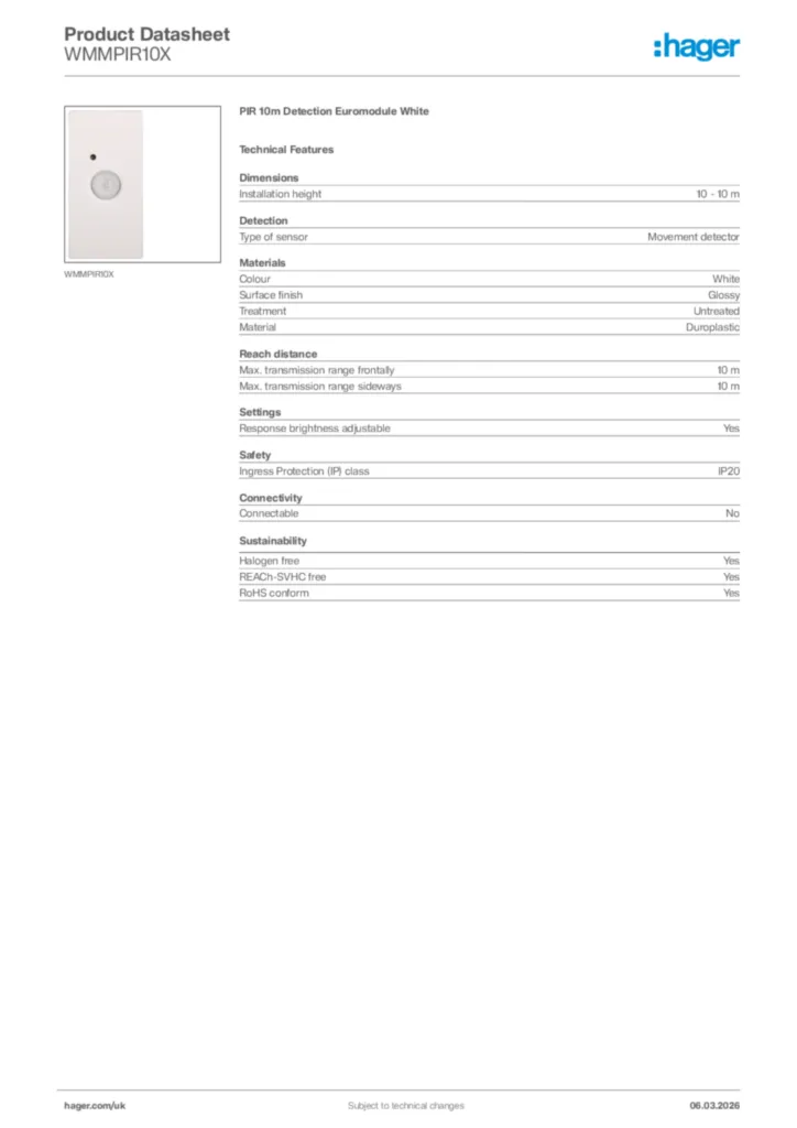 Image Hager Product data sheet WMMPIR10X  | Hager