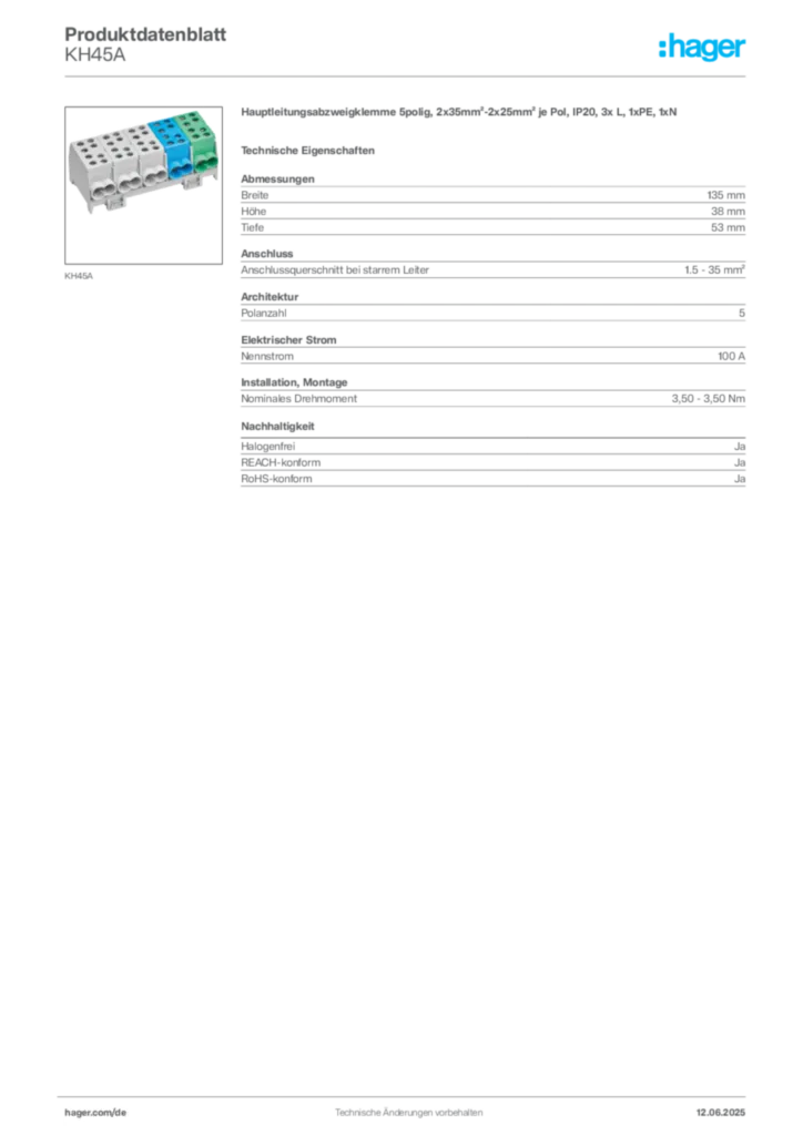 Hager Produktdatenblatt KH45A