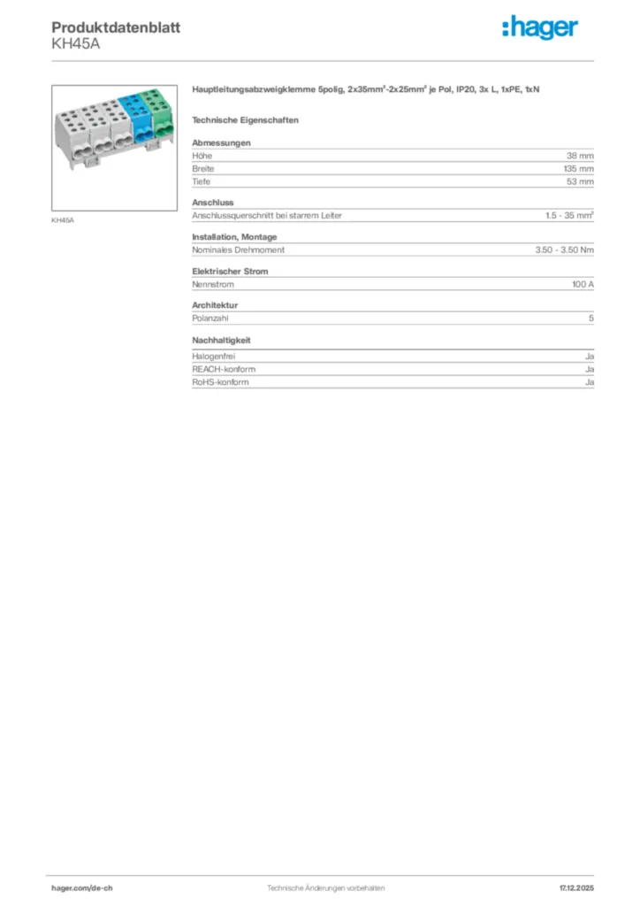Bild Hager Produktdatenblatt KH45A | Hager Schweiz