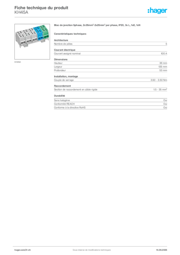 Image Hager Fiche technique du produit KH45A | Hager Suisse