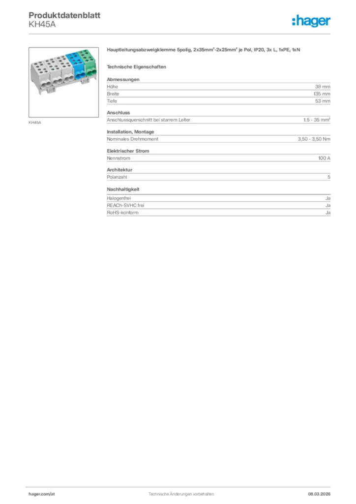 Bild Hager Produktdatenblatt KH45A | Hager Deutschland