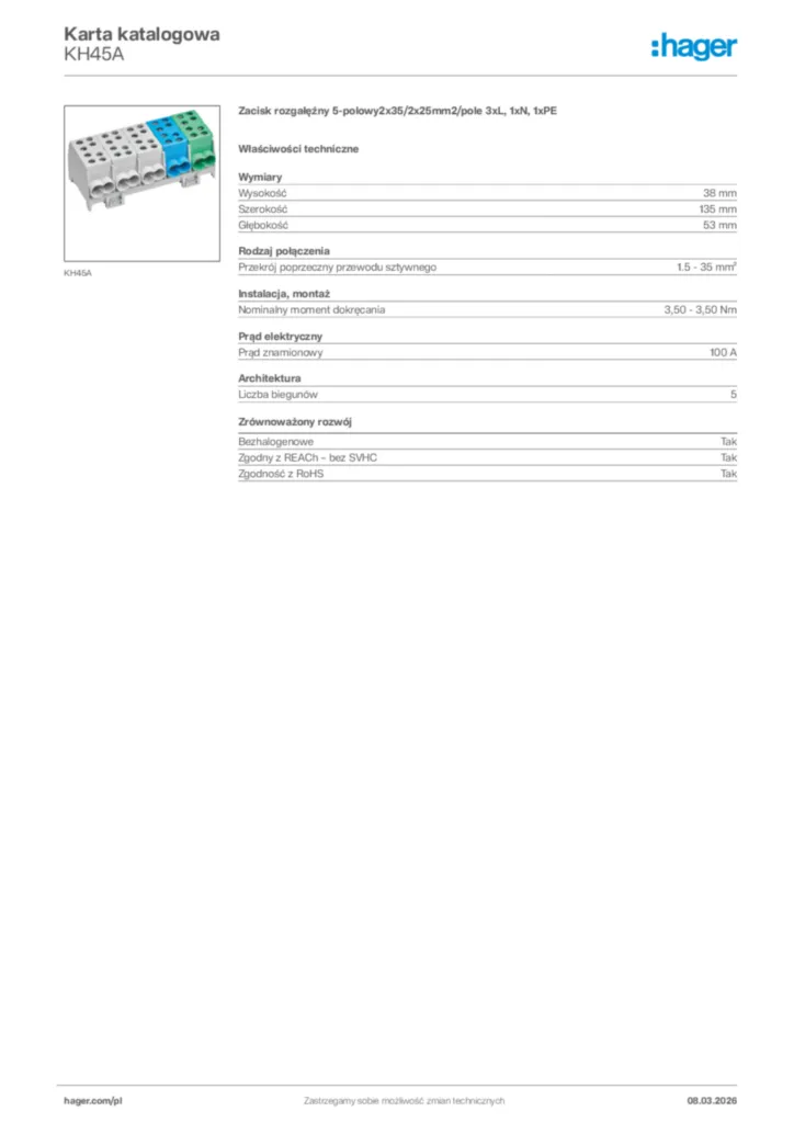 Zdjęcie Hager Karta katalogowa KH45A | Hager Polska