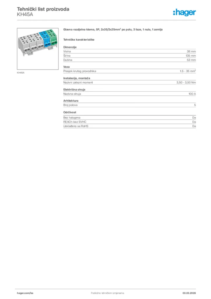Slika Hager Tehnički list proizvoda KH45A  | Hager