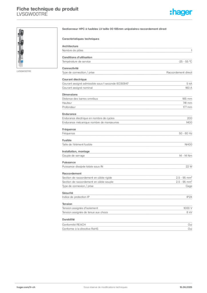 Image Hager Fiche technique du produit LVSGW00TRE | Hager Suisse