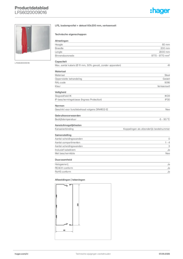 Afbeelding Hager Productdatablad LFS6020009016 | Hager Nederland