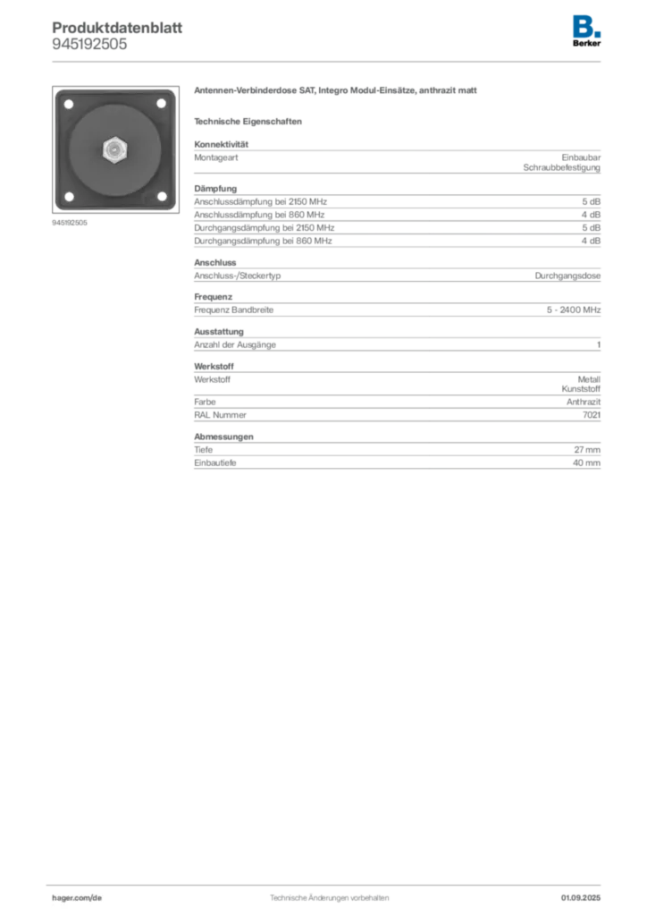 Bild Berker Produktdatenblatt 945192505 | Hager Deutschland