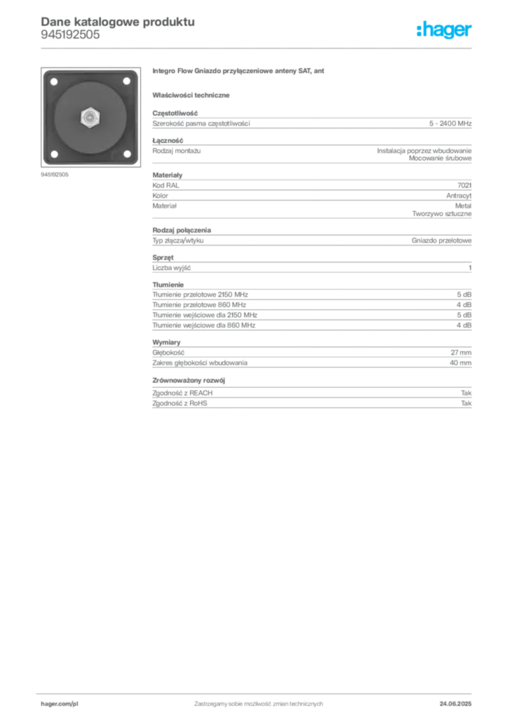 Zdjęcie Hager Karta katalogowa 945192505 | Hager Polska