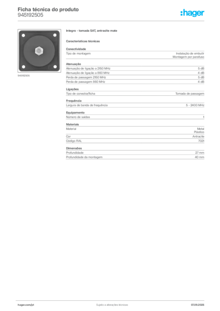 Imagem Hager Ficha técnica do produto 945192505 | Hager Portugal