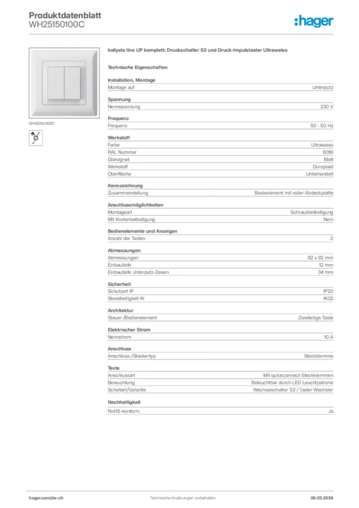 Bild Hager Produktdatenblatt WH25150100C | Hager Schweiz