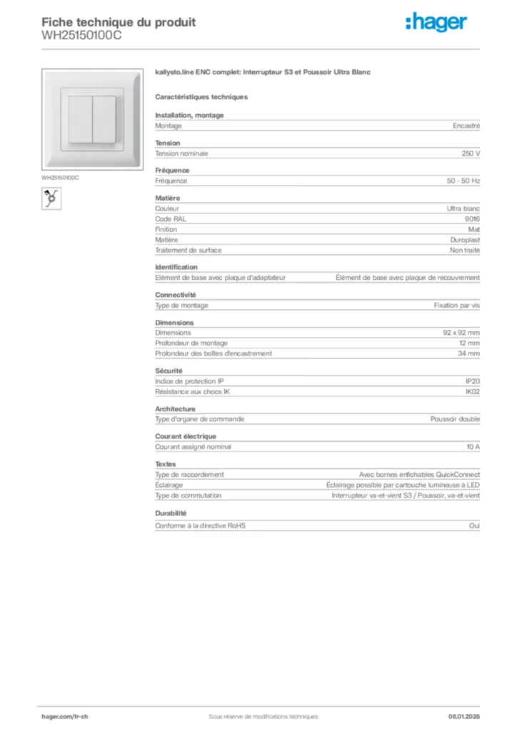 Image Hager Fiche technique du produit WH25150100C | Hager Suisse