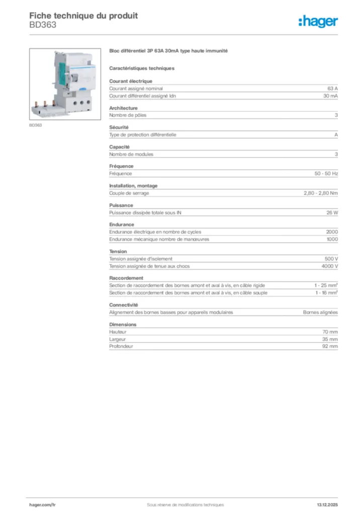 Image Hager Fiche technique du produit BD363 | Hager France