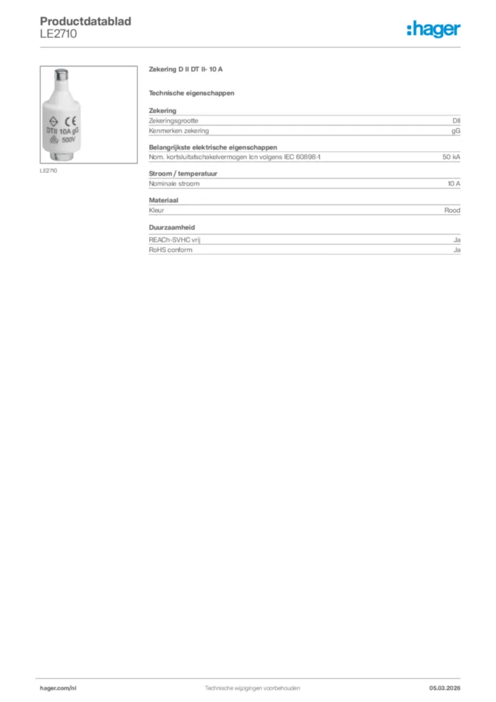 Afbeelding Hager Productdatablad LE2710 | Hager Nederland