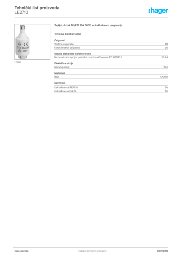 Slika Hager Product data sheet LE2710  | Hager