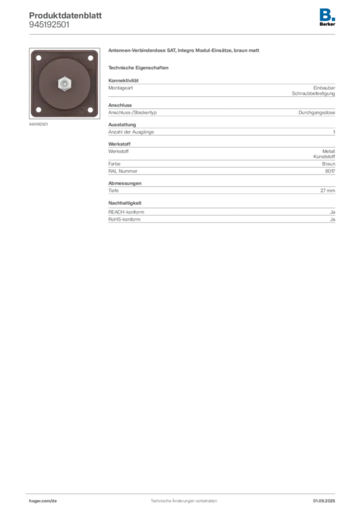 Bild Berker Produktdatenblatt 945192501 | Hager Deutschland