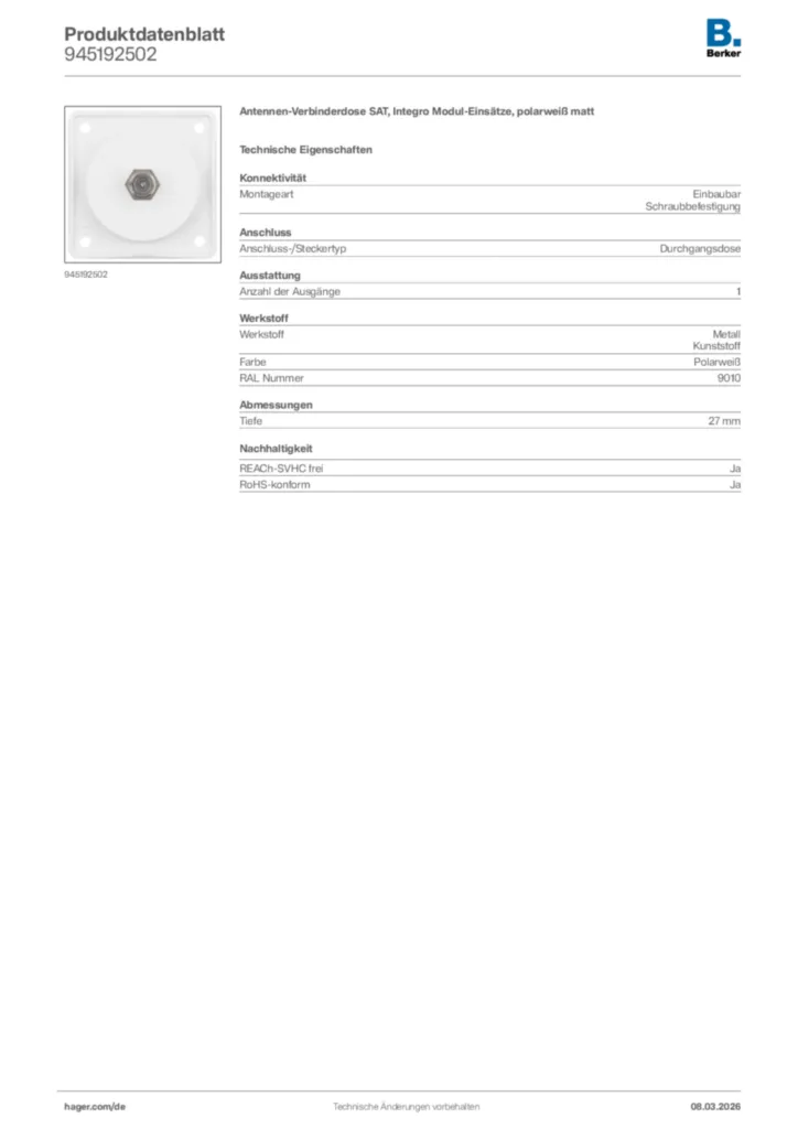 Bild Berker Produktdatenblatt 945192502 | Hager Deutschland