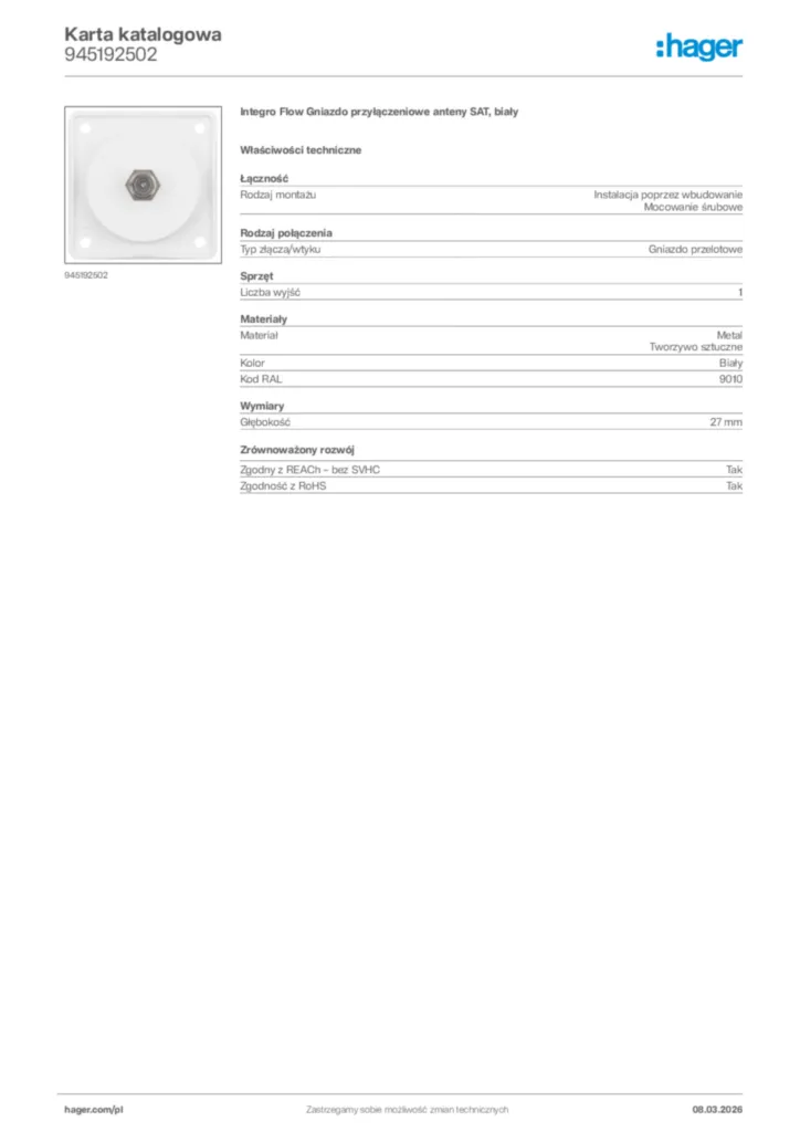 Zdjęcie Hager Karta katalogowa 945192502 | Hager Polska