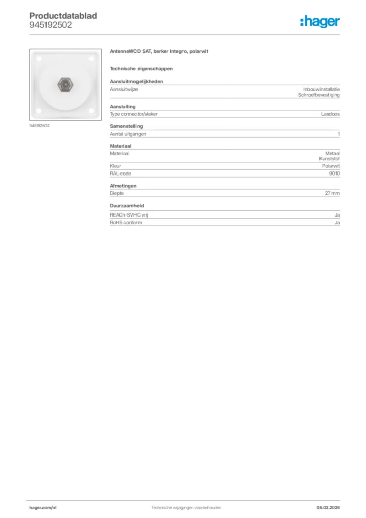 Afbeelding Hager Productdatablad 945192502 | Hager Nederland