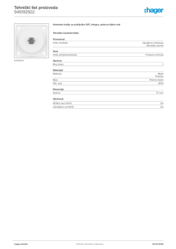Slika Hager Tehnički list proizvoda 945192502  | Hager