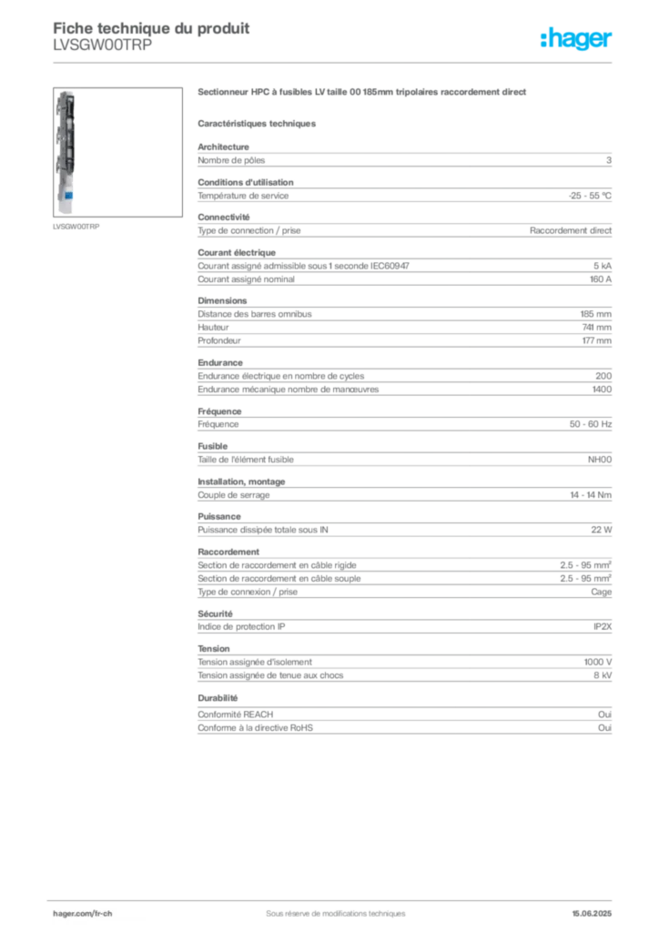 Image Hager Fiche technique du produit LVSGW00TRP | Hager Suisse