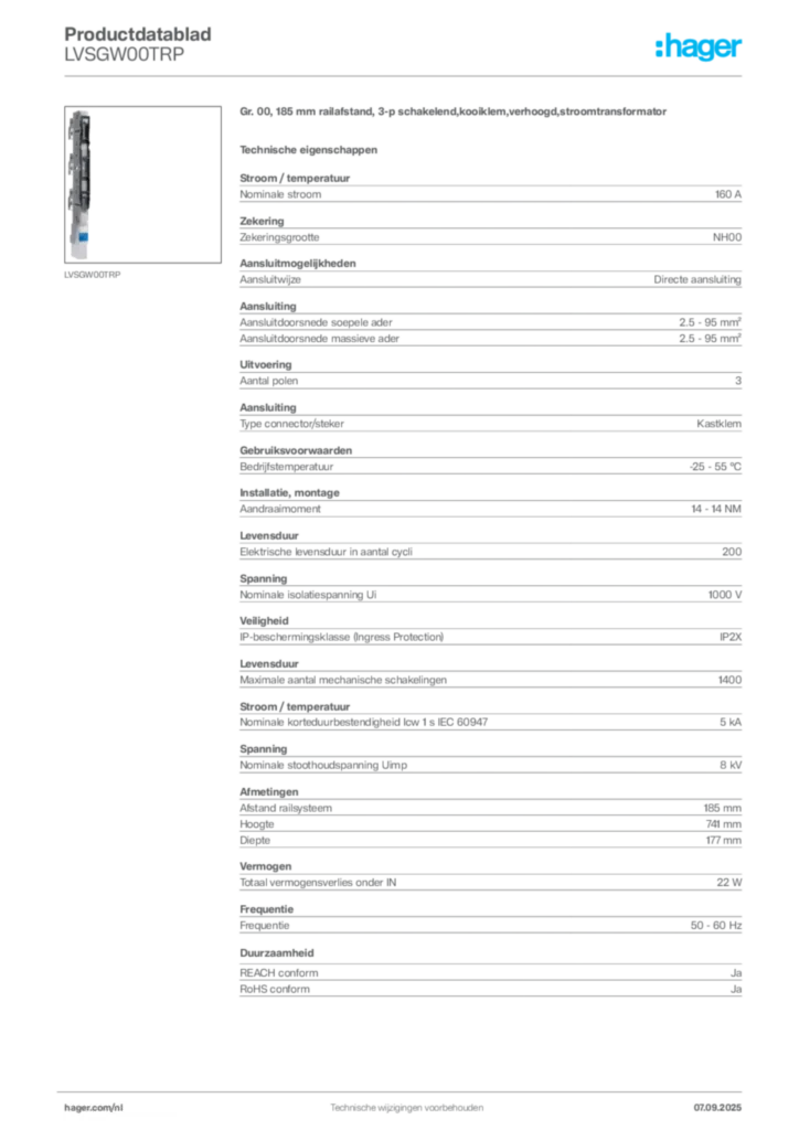 Afbeelding Hager Productdatablad LVSGW00TRP | Hager Nederland