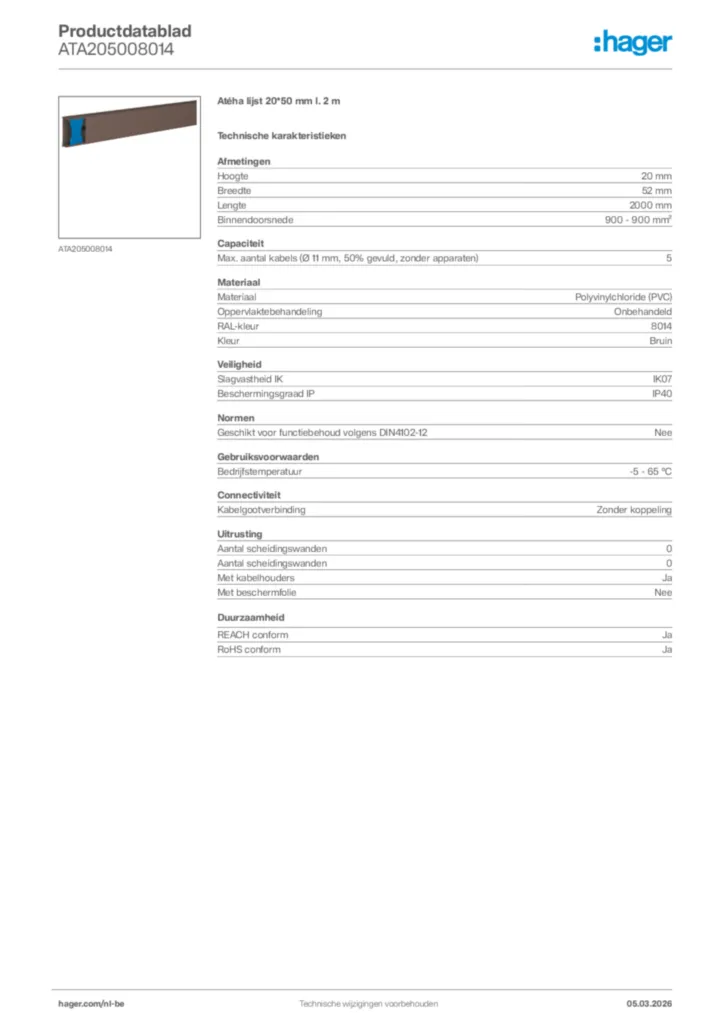 Afbeelding Hager Productdatablad ATA205008014 | Hager Belgium