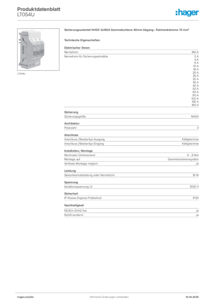 Bild Hager Produktdatenblatt LT054U | Hager Deutschland