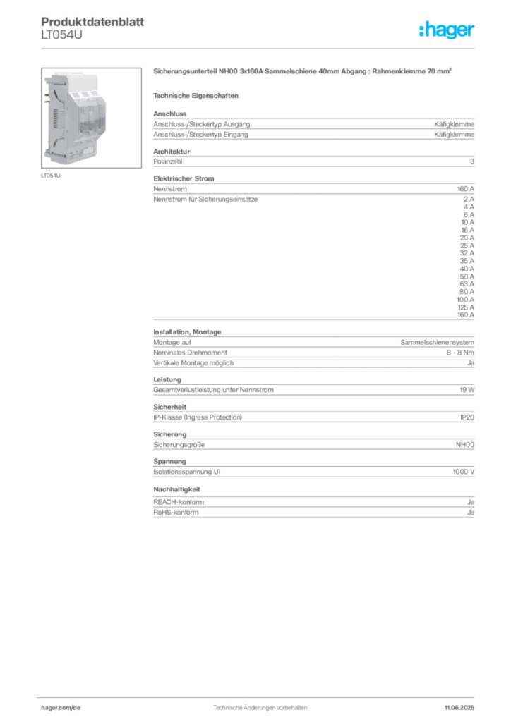 Bild Hager Produktdatenblatt LT054U | Hager Deutschland