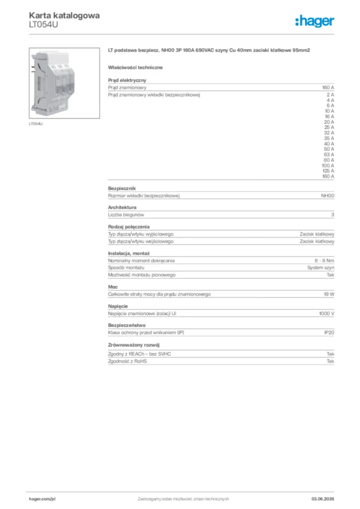 Zdjęcie Hager Karta katalogowa LT054U | Hager Polska