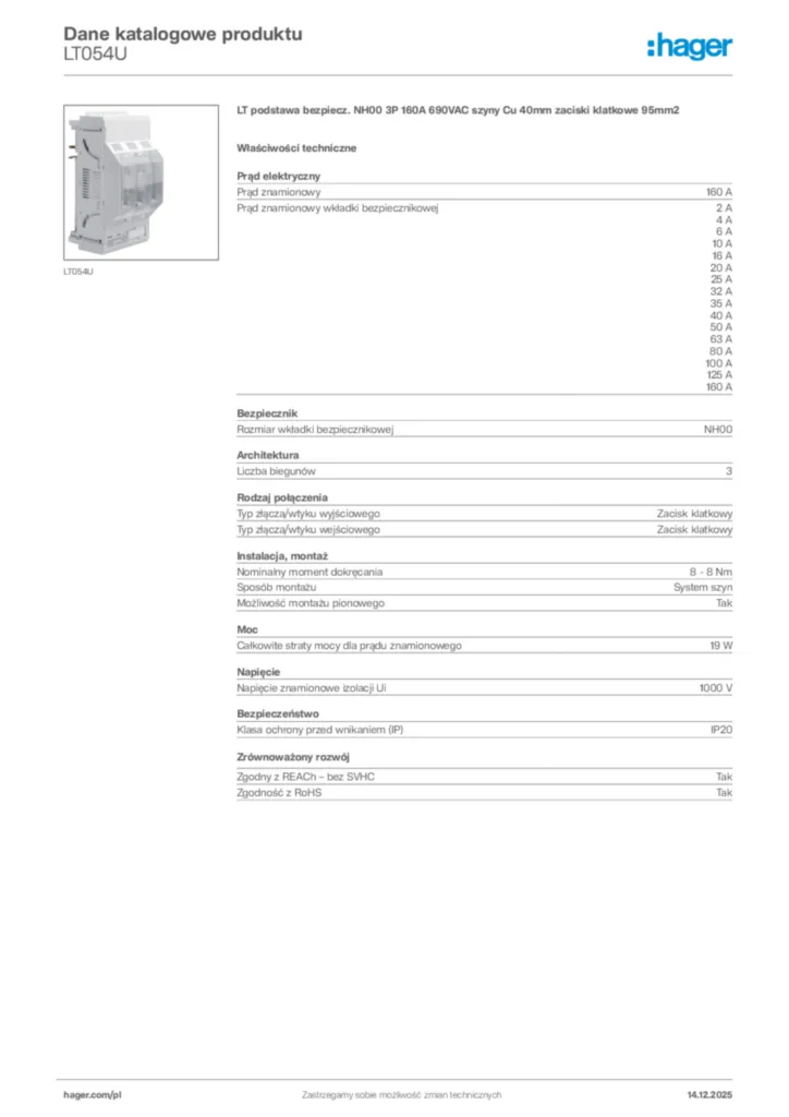 Zdjęcie Hager Karta katalogowa LT054U | Hager Polska
