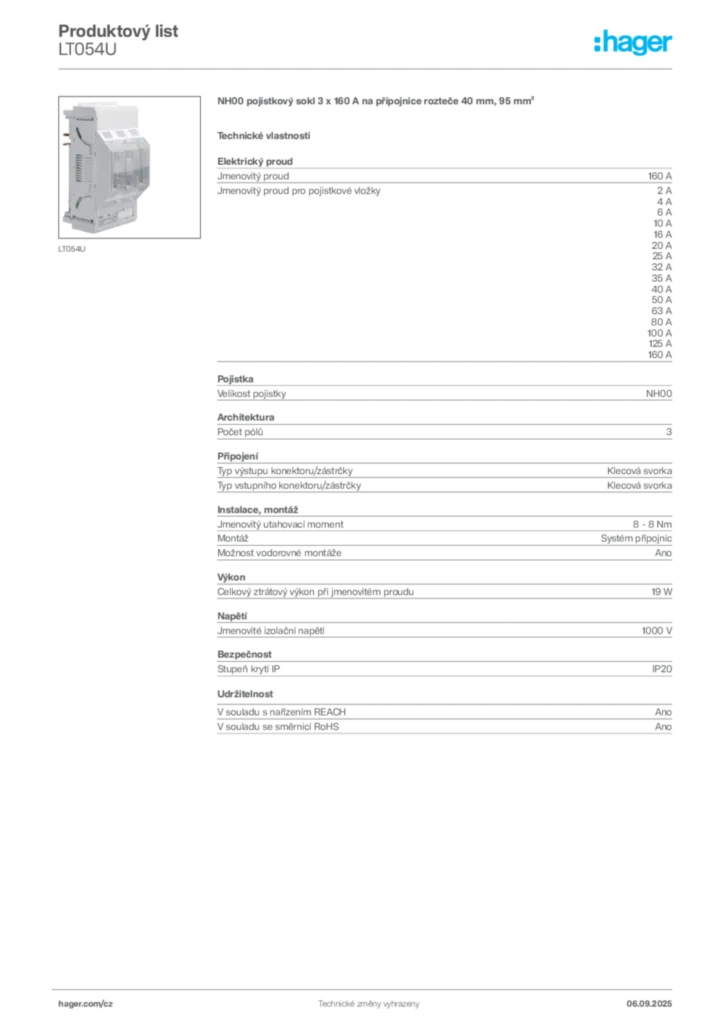 Obrázek Hager Produktový list LT054U | Hager