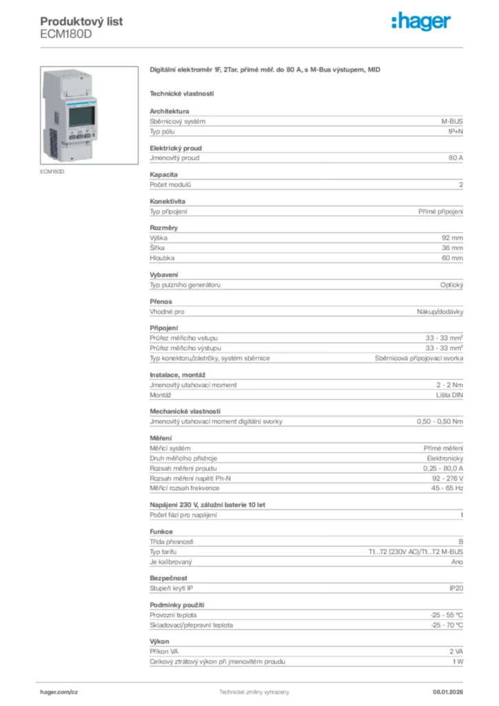 Obrázek Hager Product data sheet ECM180D | Hager