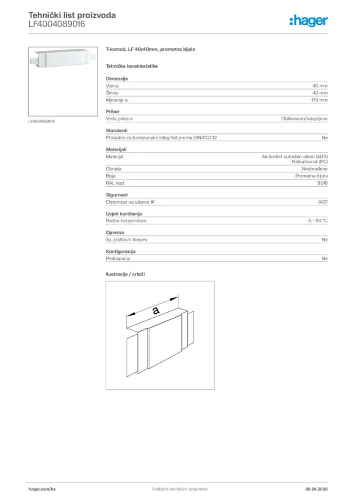 Slika Hager Tehnički list proizvoda LF4004089016  | Hager