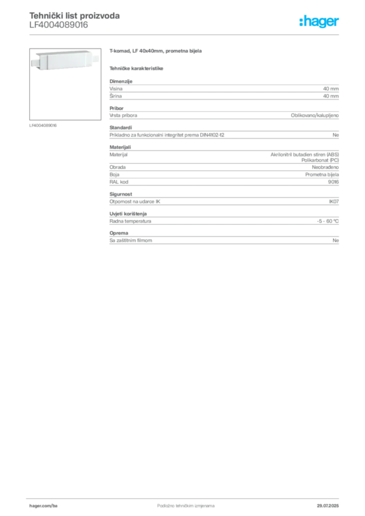 Slika Hager Product data sheet LF4004089016  | Hager