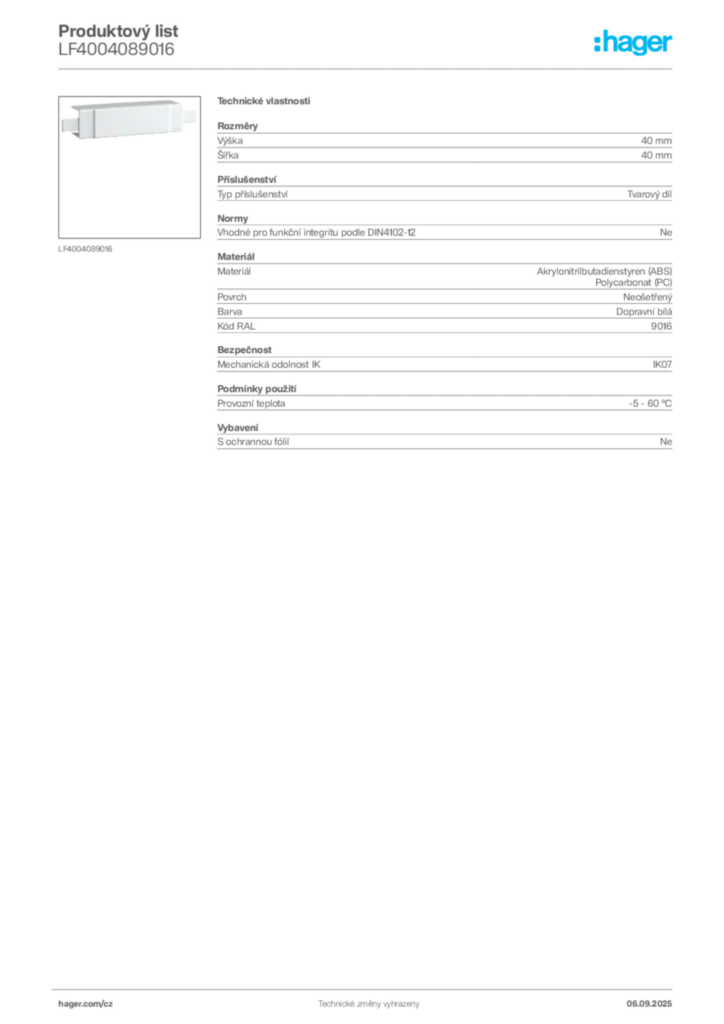 Obrázek Hager Produktový list LF4004089016 | Hager