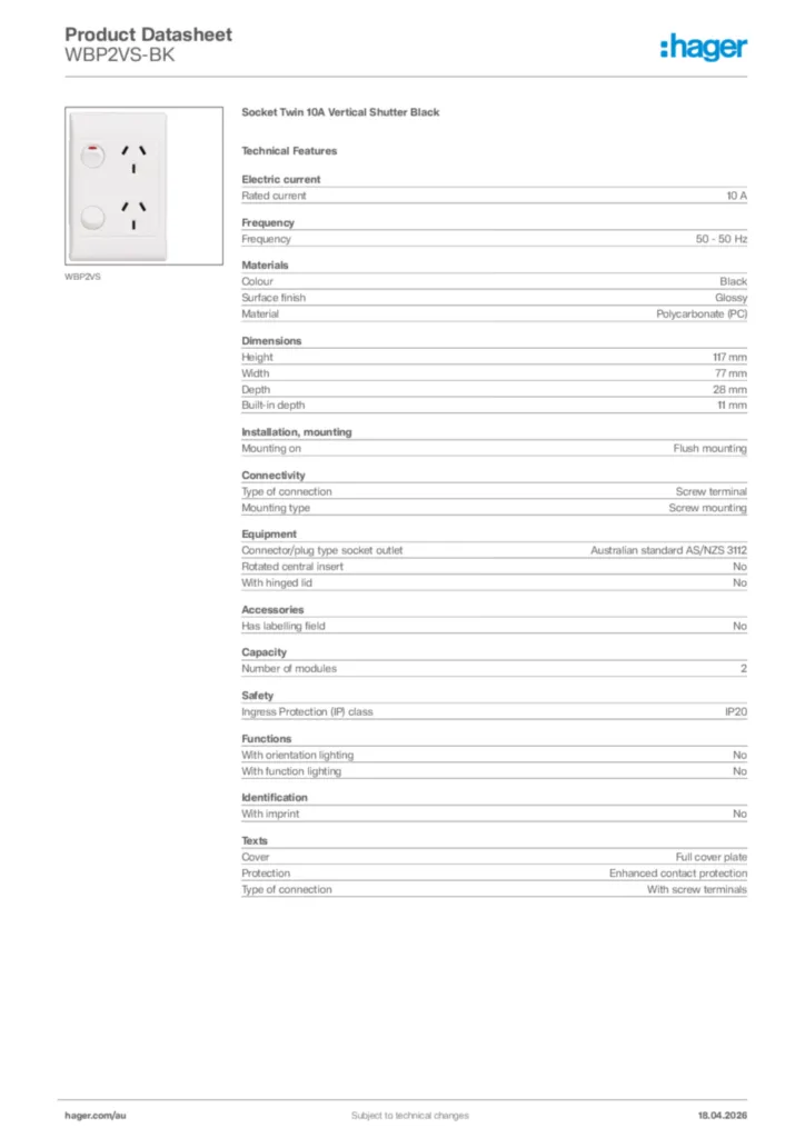 Image Hager Product data sheet WBP2VS-BK  | Hager Australia