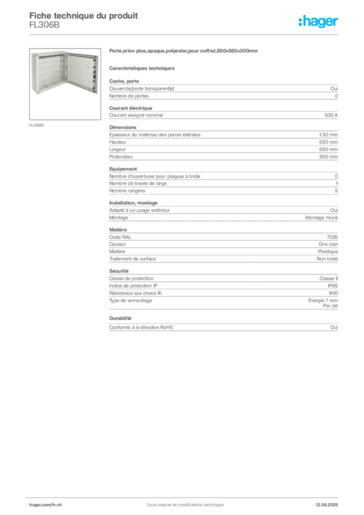 Image Hager Fiche technique du produit FL306B | Hager Suisse