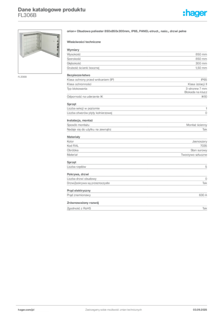 Zdjęcie Hager Karta katalogowa FL306B | Hager Polska