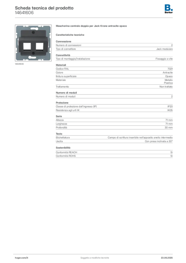 Immagine Berker Scheda tecnica del prodotto 14641606 | Hager Italia
