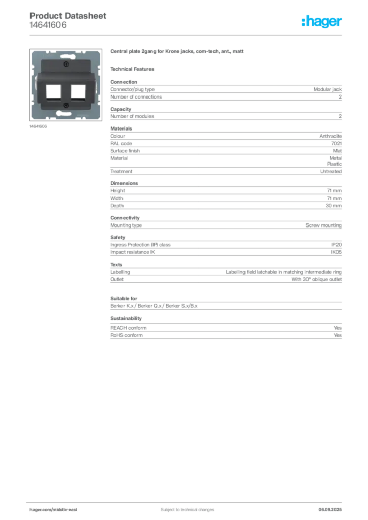 Image Hager Product data sheet 14641606  | Hager