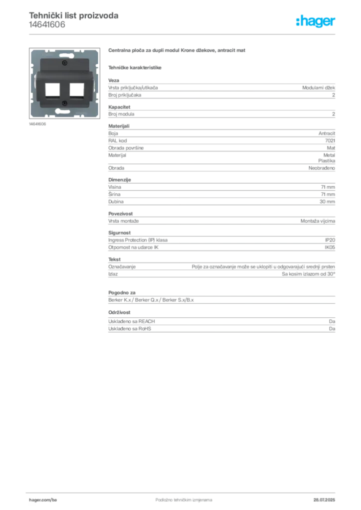 Slika Hager Product data sheet 14641606  | Hager