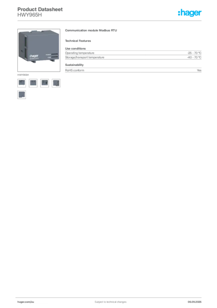 Image Hager Product data sheet HWY965H  | Hager Australia