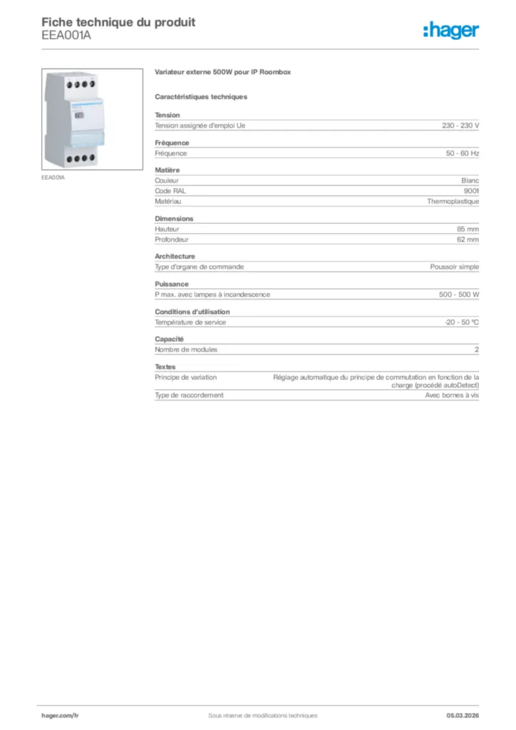 Image Hager Fiche technique du produit EEA001A | Hager France