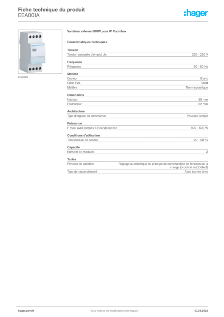 Image Hager Fiche technique du produit EEA001A | Hager France