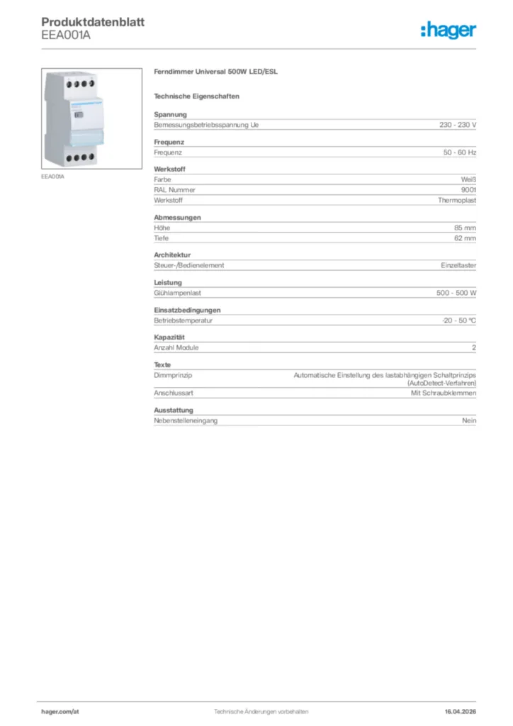Bild Hager Produktdatenblatt EEA001A | Hager Deutschland