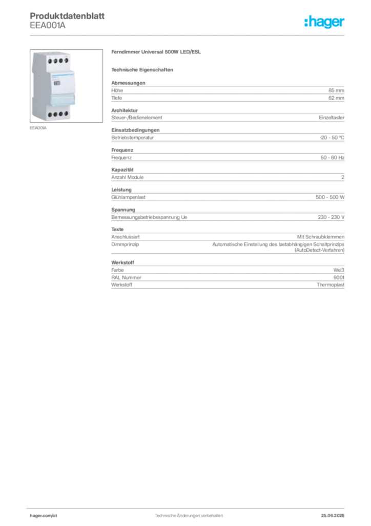 Bild Hager Produktdatenblatt EEA001A | Hager Deutschland